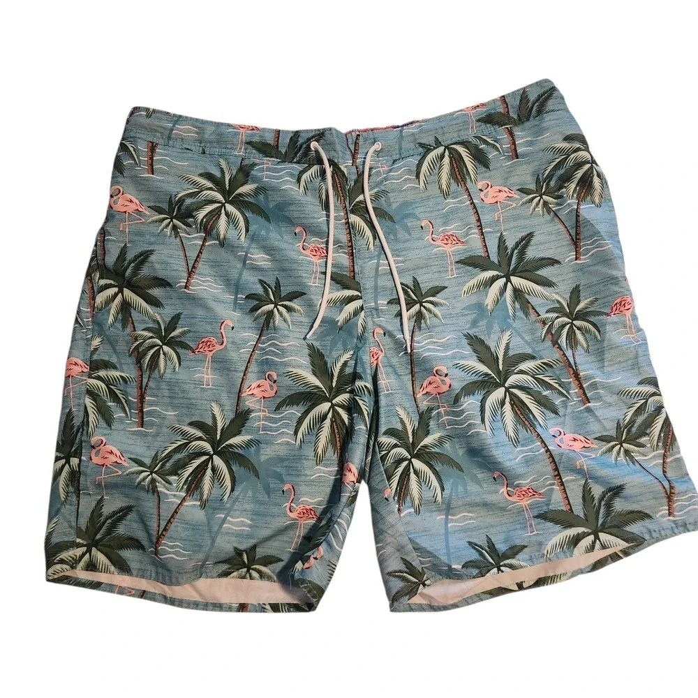 St‎ Johns Bay Swim Trunks Blue Hawaiian Flamingos Drawstring Mesh Lined 3XLT